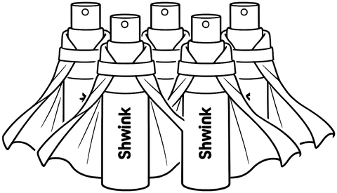 Five Shwink bottles with capes